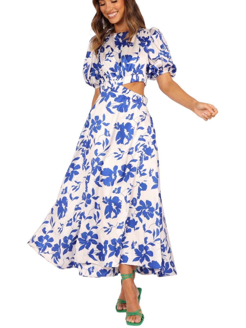 PETAL & PUP Aminah Puff Sleeve Maxi Dress Blue Floral Women’s Medium